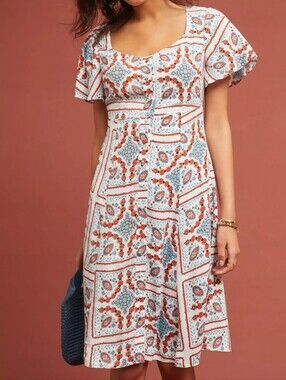 Maeve White Midi Dress with Coral & Teal Print